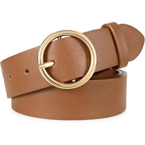 Women Leather Belt with Circle Gold Buckle Fashion Ladies Waist Belt Brown